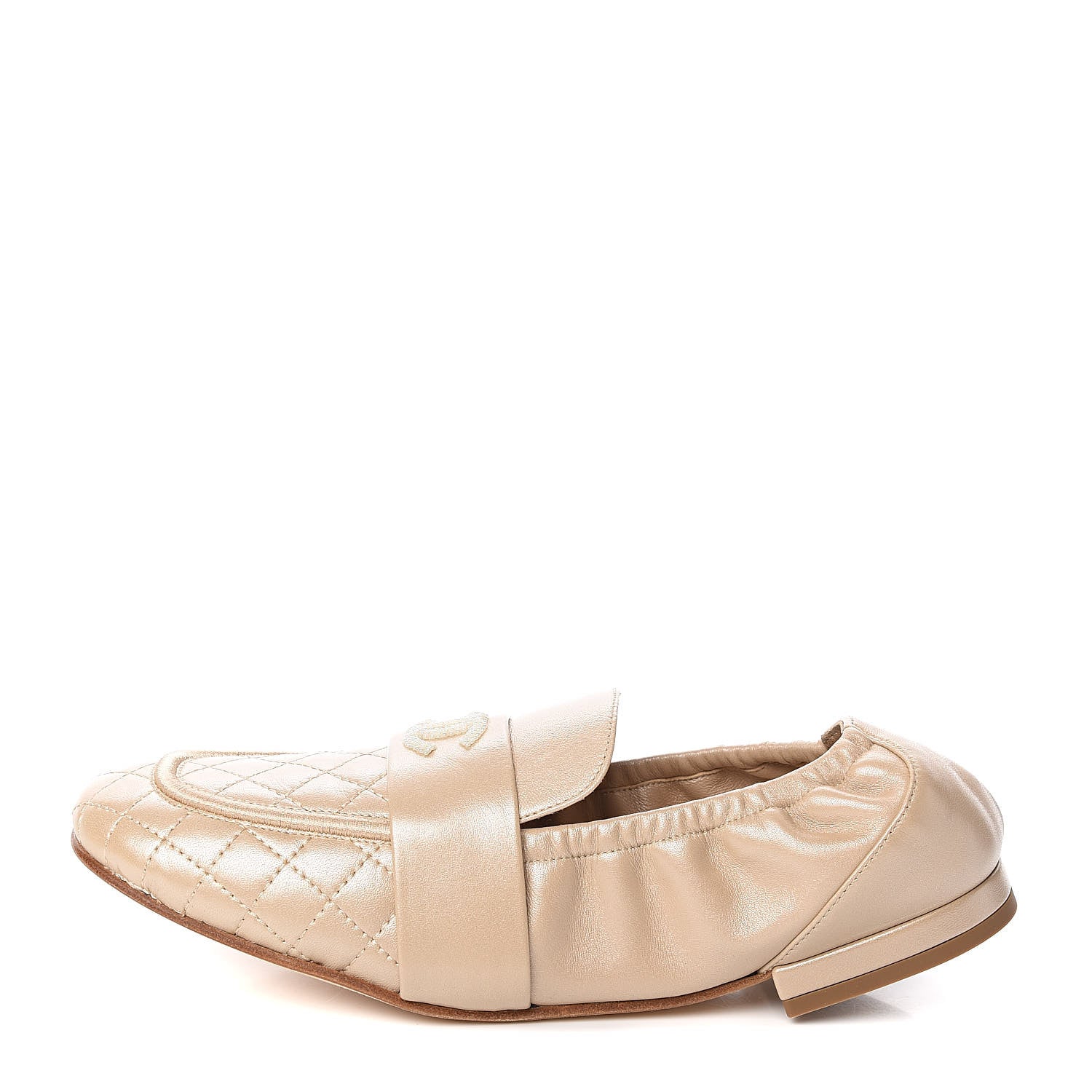 Chanel Laminated Lambskin Womens Quilted Elastic CC Moccasin Loafers 38.5 Beige 1 of 10