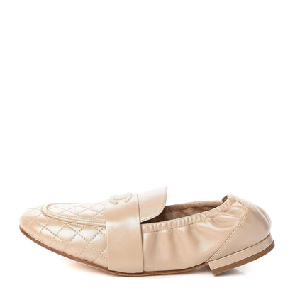 Chanel Laminated Lambskin Womens Quilted Elastic CC Moccasin Loafers 38.5 Beige 1 of 10