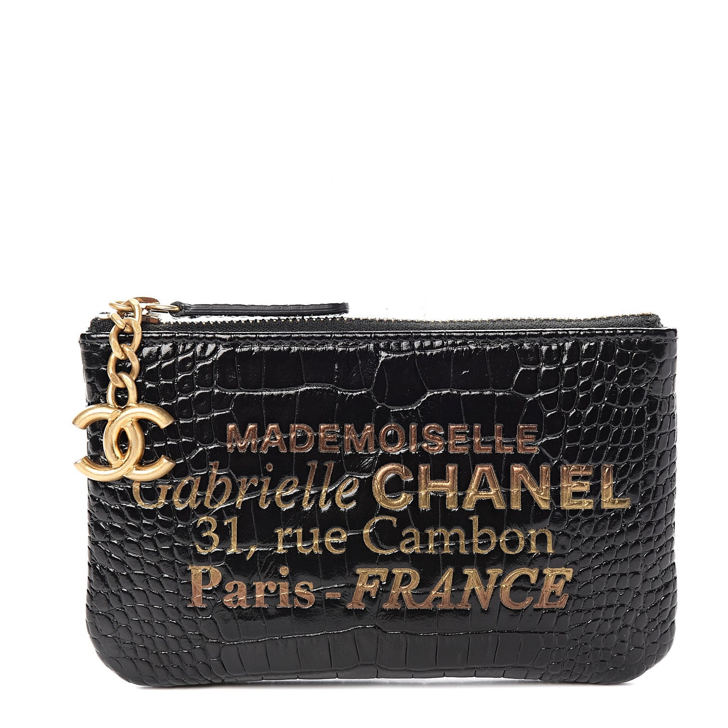 Calfskin Crocodile Embossed Cocodile Cosmetic Case Black Gold