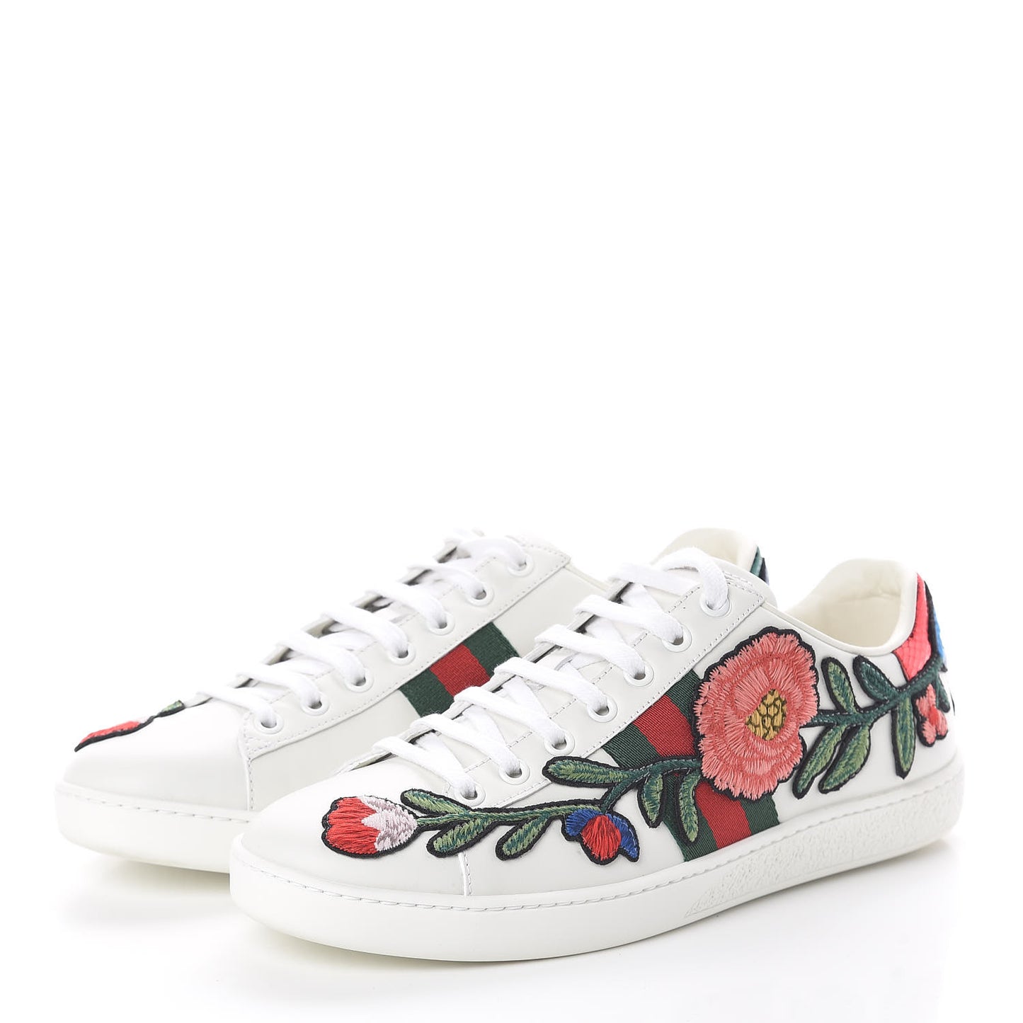 Calfskin Web Floral Embroidered Womens Ace Sneakers 38 White