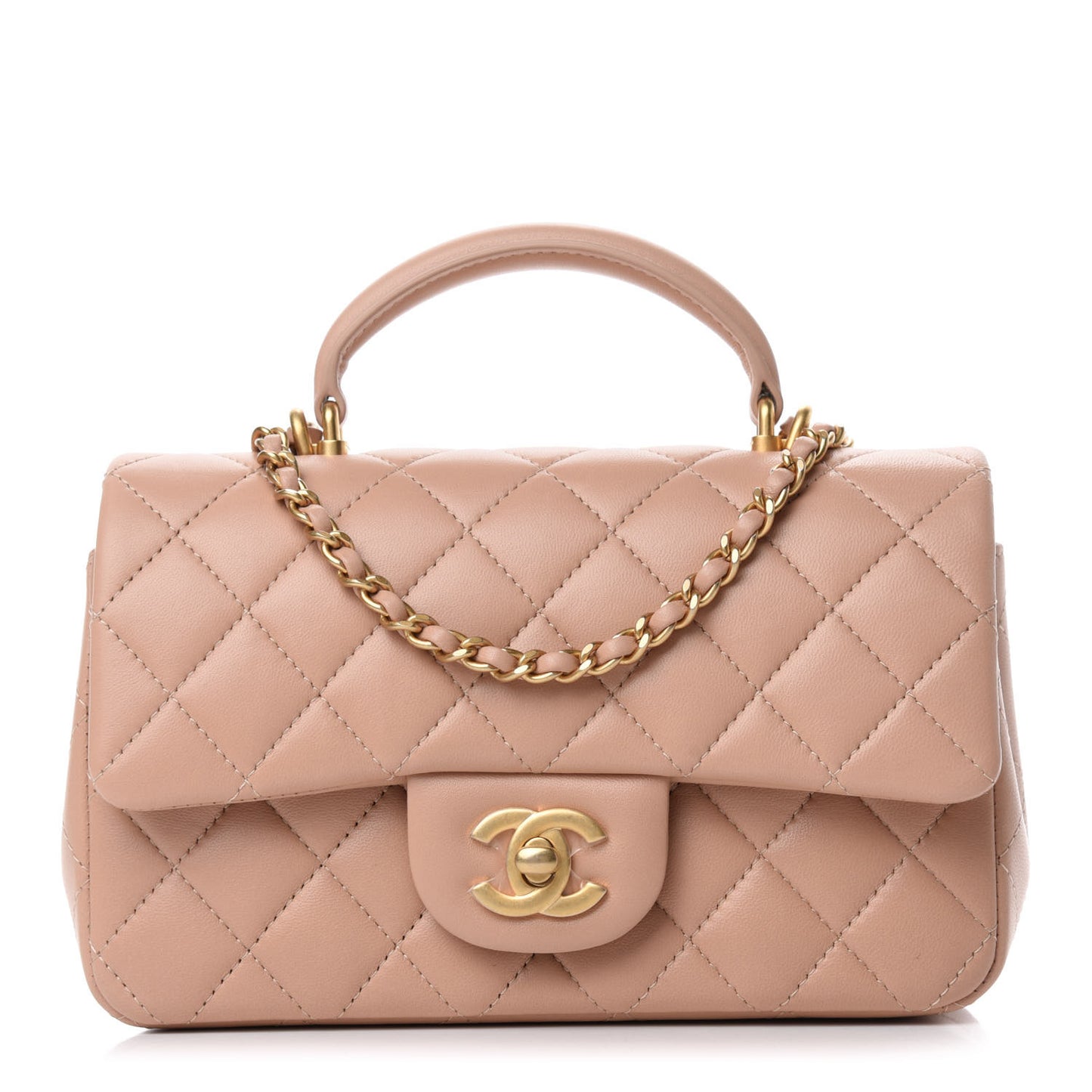 Lambskin Quilted Mini Top Handle Rectangular Flap Beige