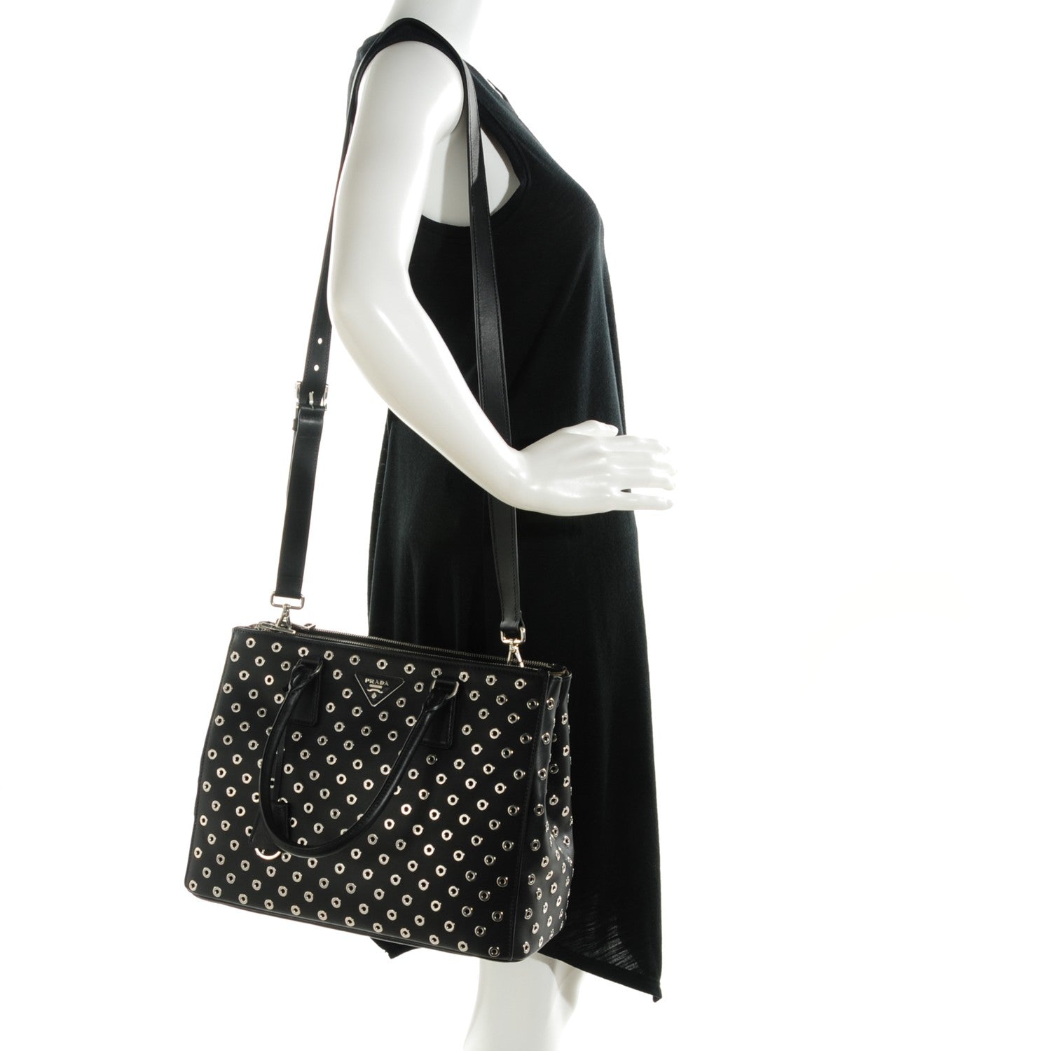 Prada City Calf Grommet Medium Double Zip Tote Nero Black 2 of 7