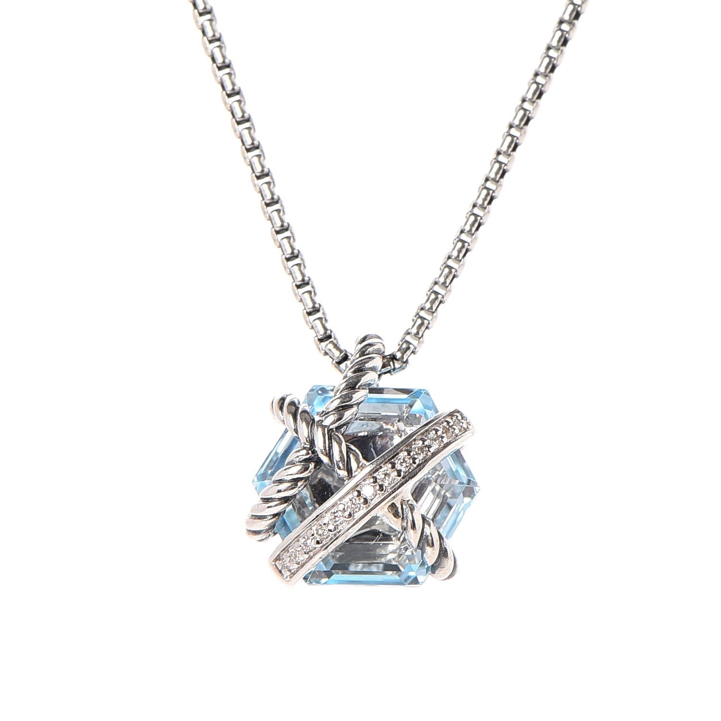 Sterling Silver Diamond Blue Topaz 10mm Petite Cable Wrap Pendant Necklace