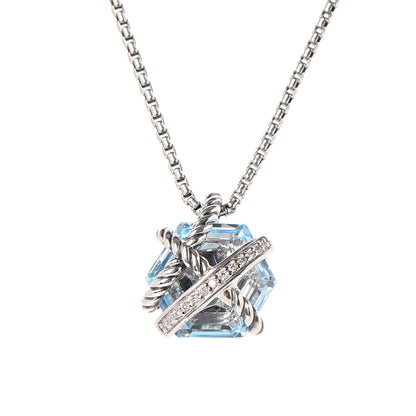 David Yurman Sterling Silver Diamond Blue Topaz 10mm Petite Cable Wrap Pendant Necklace 4 of 6