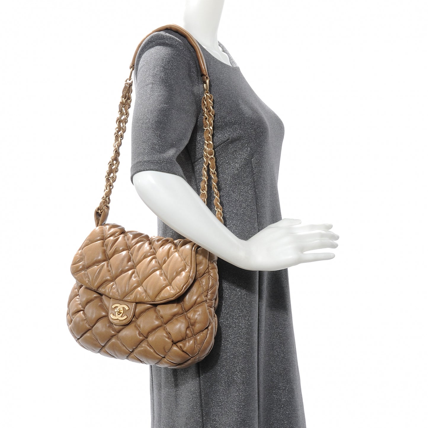 Lambskin Bubble Quilt Flap Bag Dark Beige