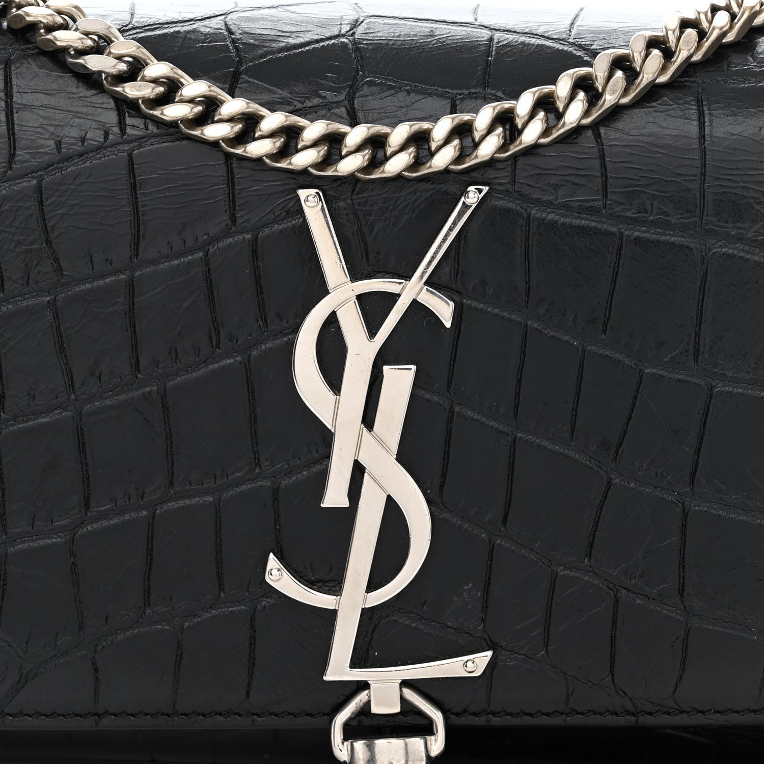 Saint Laurent Calfskin Crocodile Embossed Small Classic Monogram Kate Tassel Satchel Black 9 of 14