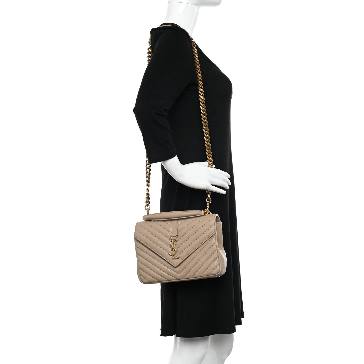 Saint Laurent Sheepskin Matelasse Chevron Monogram Medium College Bag Dark Beige 2 of 10