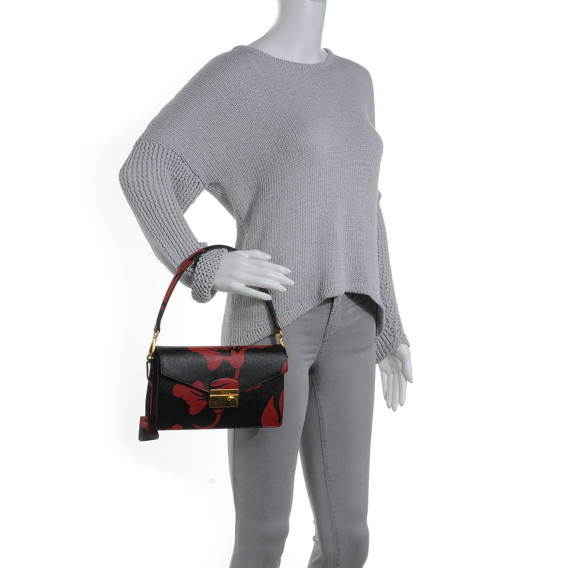 Prada Saffiano Hibiscus Sound Shoulder Bag Black Rosso 2 of 7