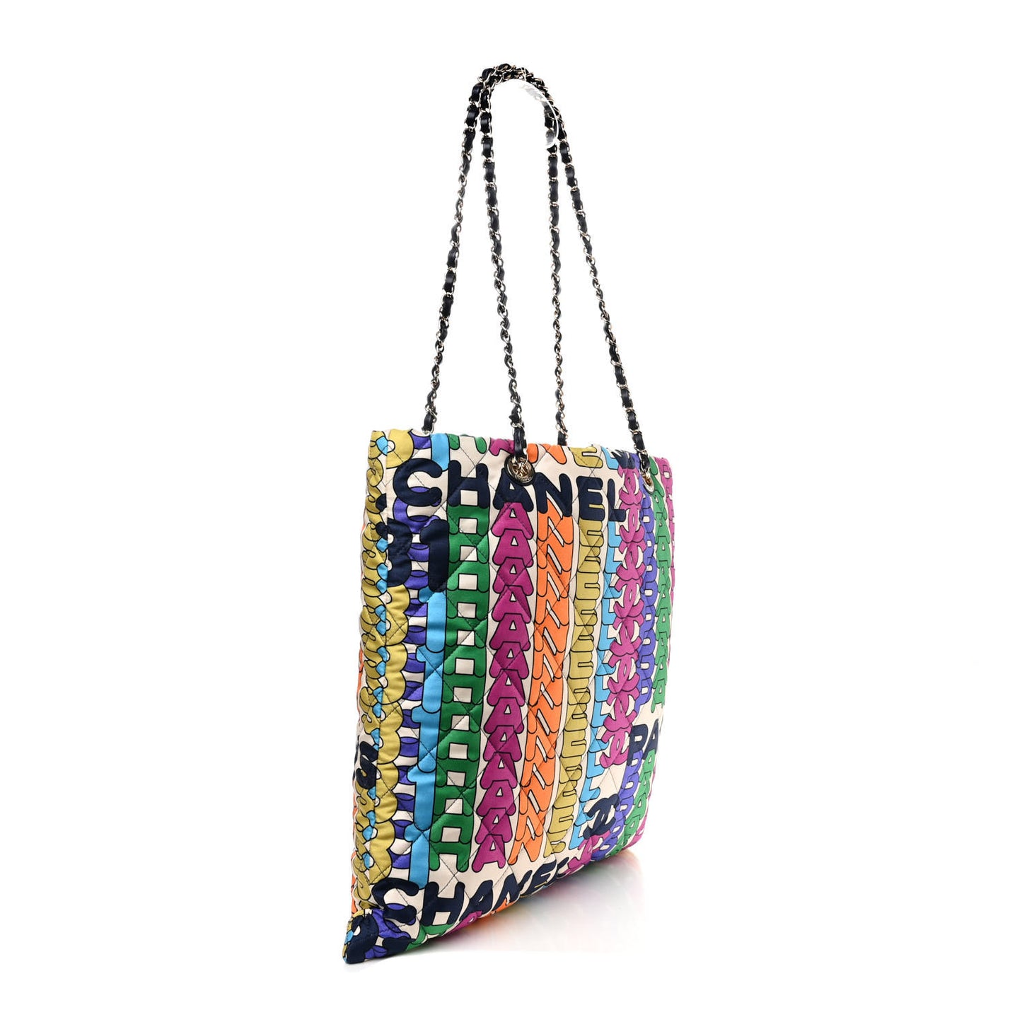 Printed Fabric Quilted Logo Large Shopping Tote Multicolor