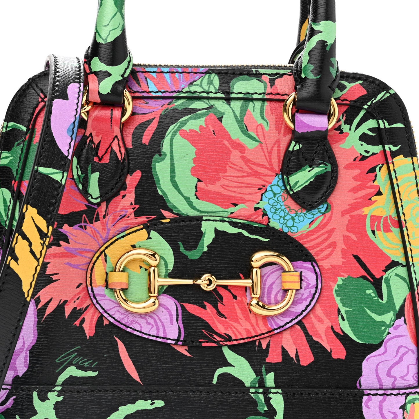 X KEN SCOTT New Shangai Calfskin Jenny Floral Print Mini Horsebit 1955 Top Handle Bag Black Pink