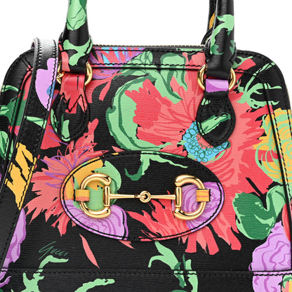 Gucci X KEN SCOTT New Shangai Calfskin Jenny Floral Print Mini Horsebit 1955 Top Handle Bag Black Pink 9 of 10
