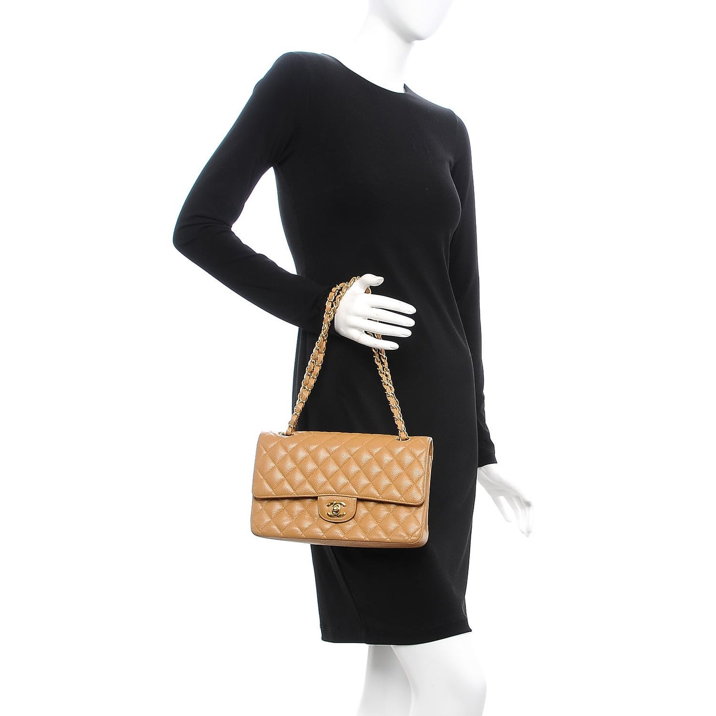 Caviar Quilted Medium Double Flap Beige