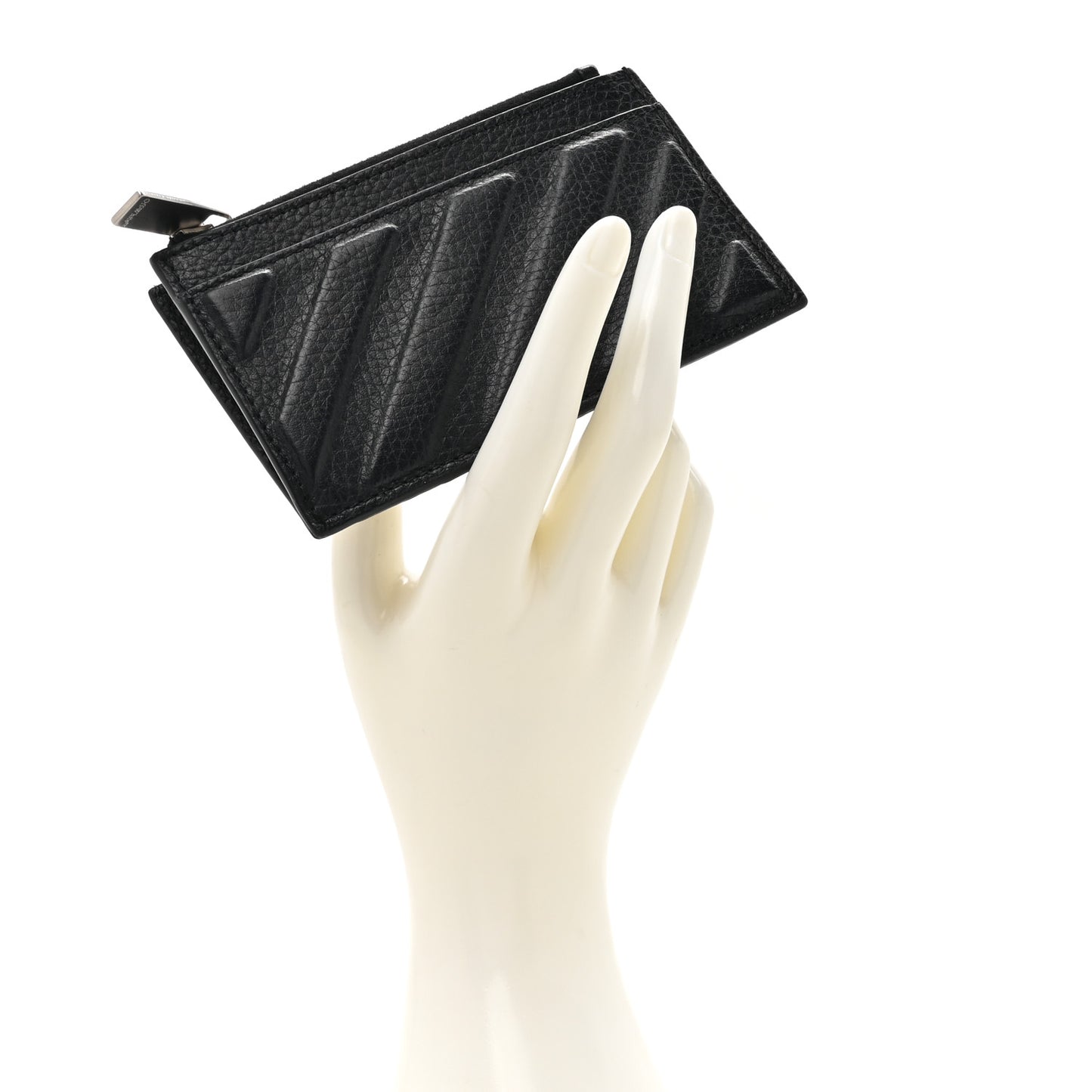 Calfskin Diag-Stripe Zip Card Holder Black