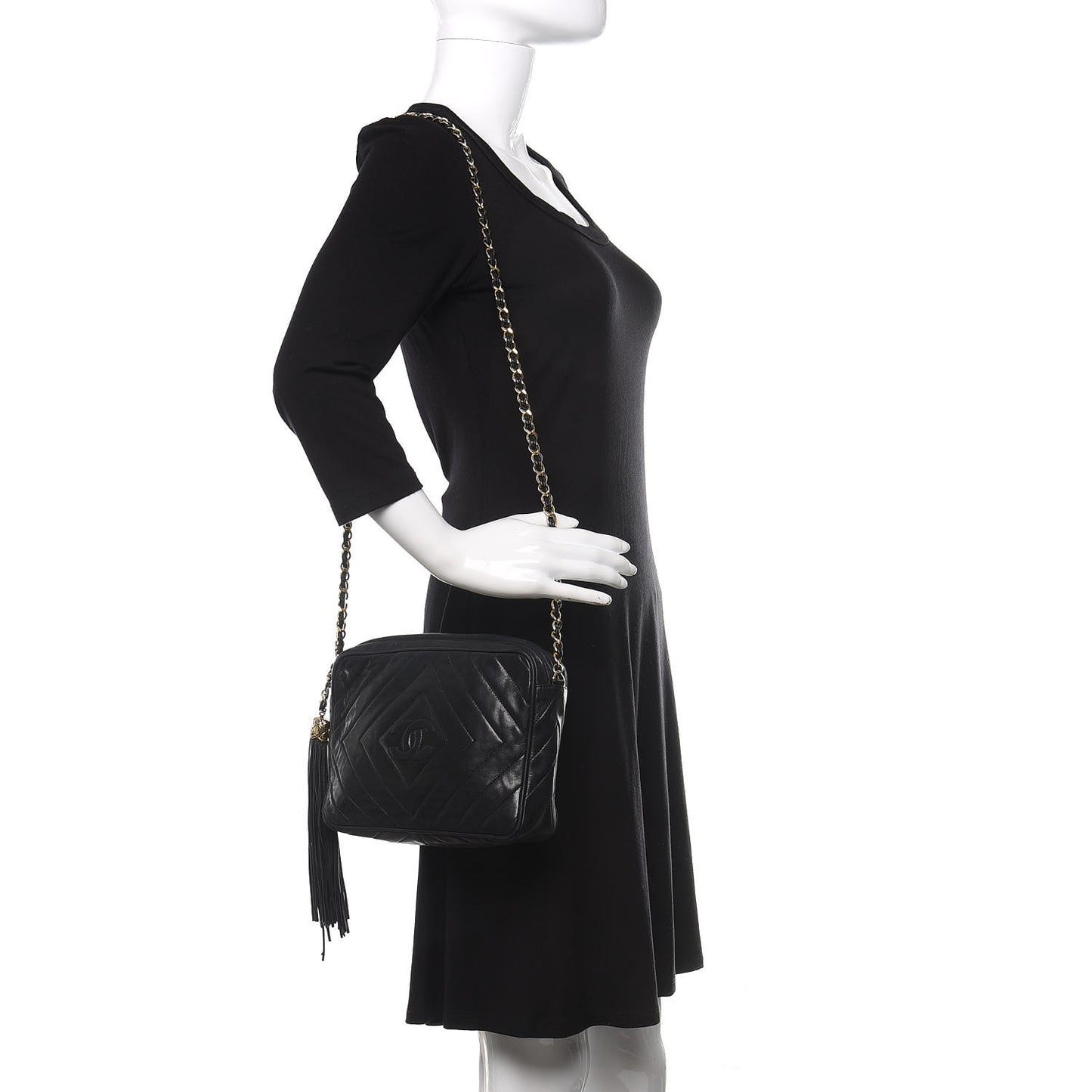 Lambskin Chevron Quilted Tassel Camera Case Black