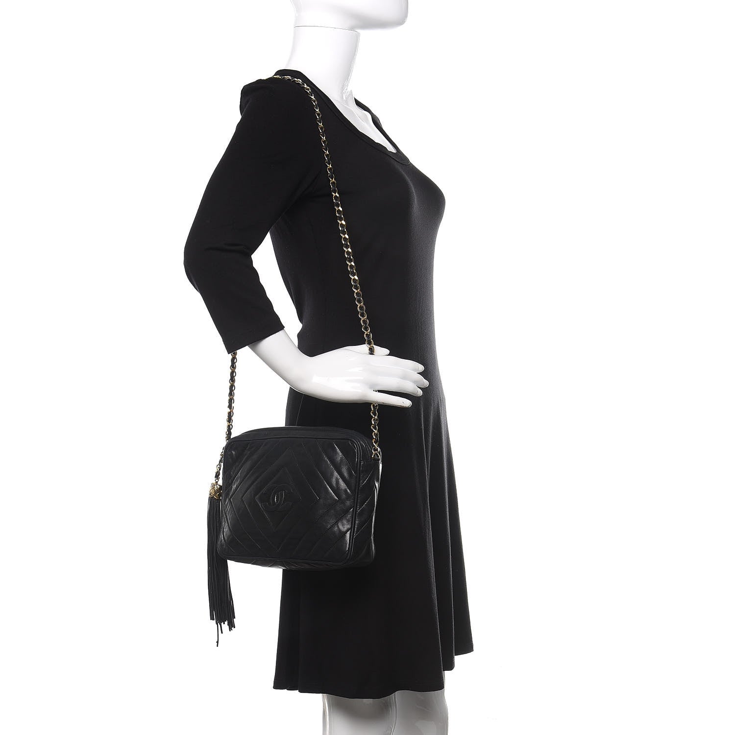Chanel Lambskin Chevron Quilted Tassel Camera Case Black 2 of 14