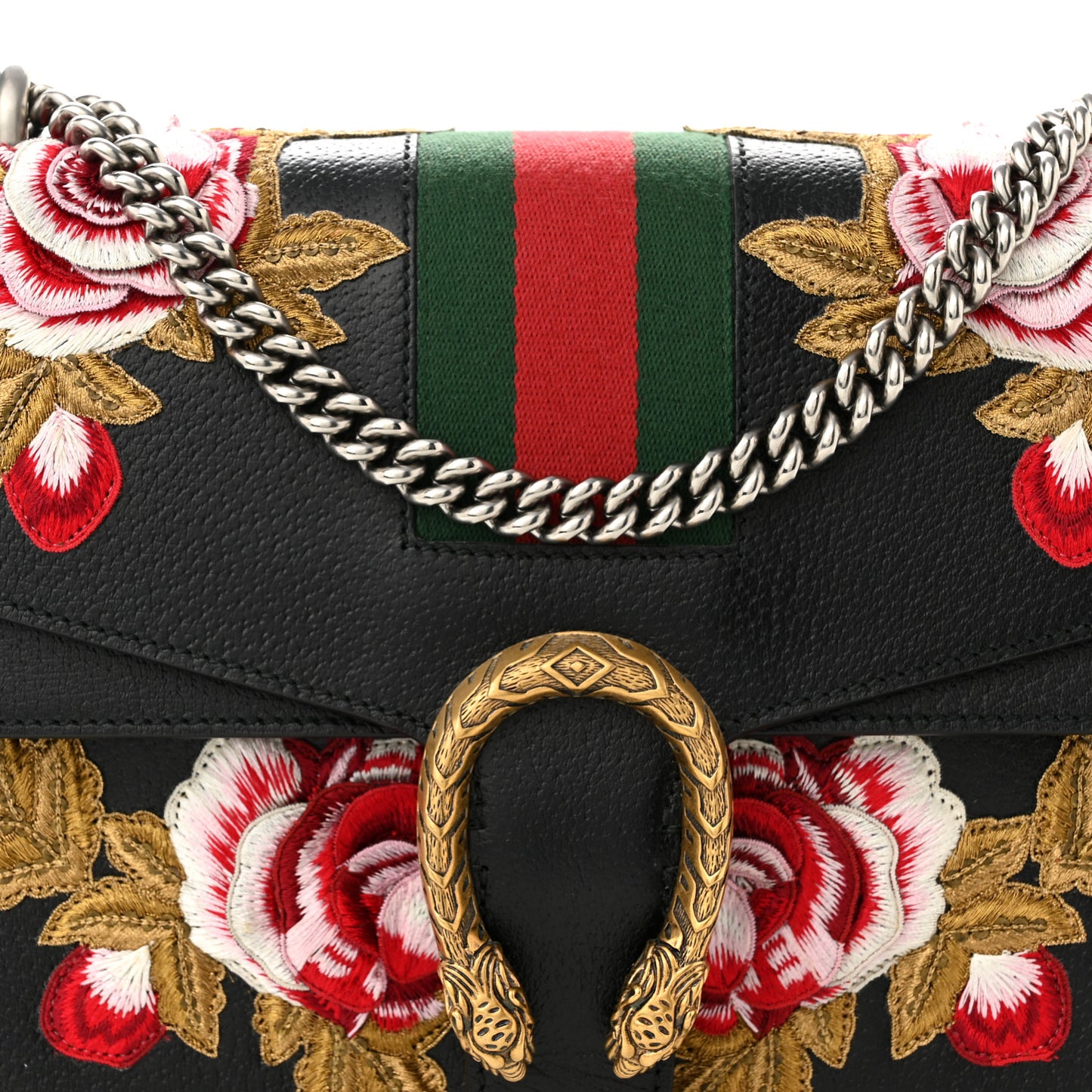 Calfskin Web Floral Embroidered Medium Dionysus Shoulder Bag Black