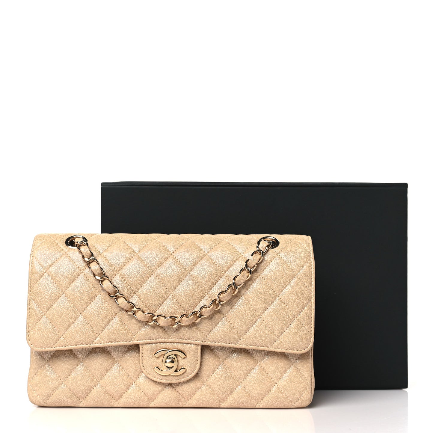Iridescent Caviar Quilted Medium Double Flap Beige