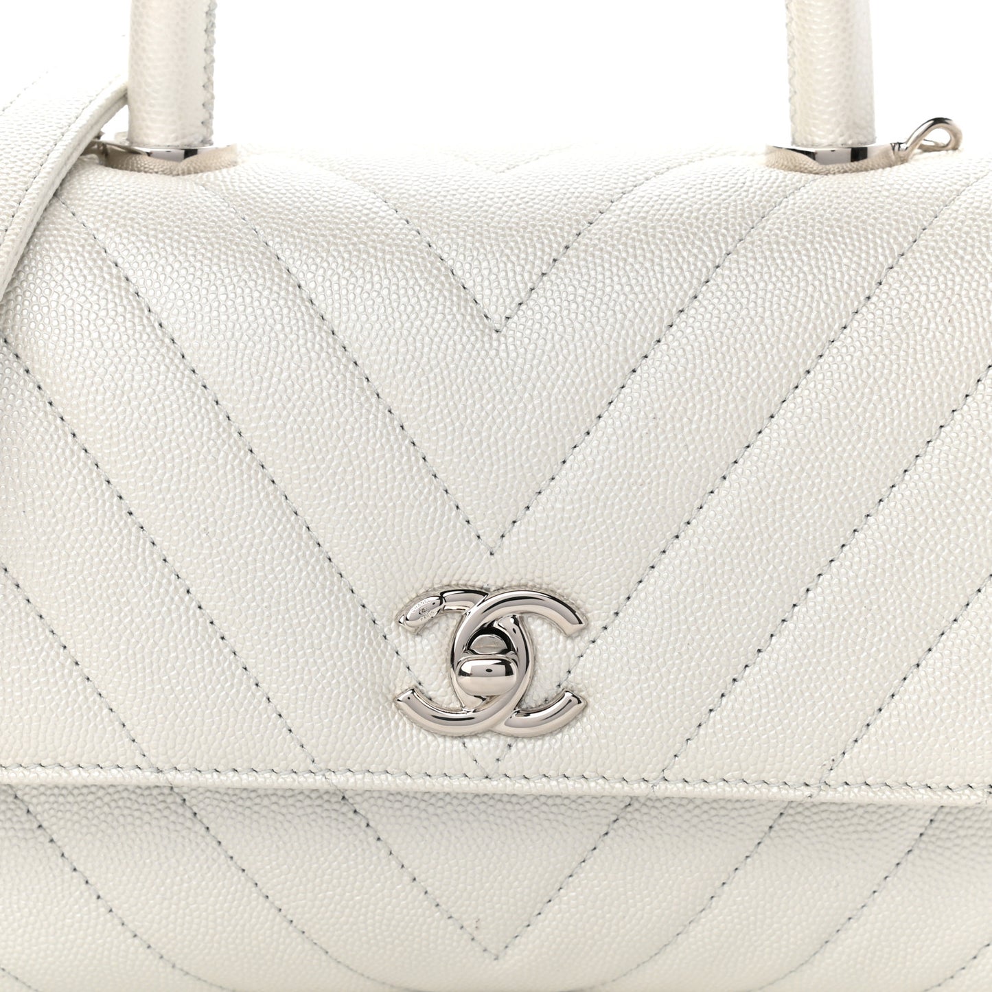 Iridescent Caviar Chevron Quilted Mini Coco Handle Flap White