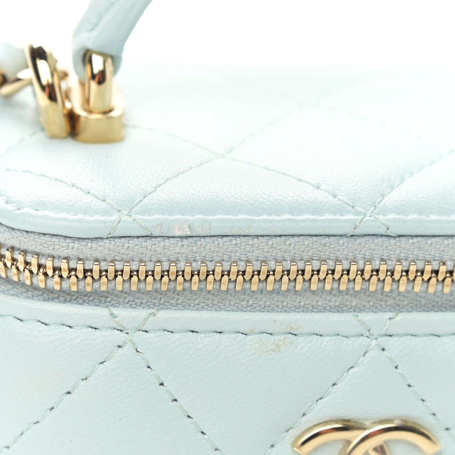 Lambskin Quilted Top Handle Mini Vanity Case With Chain Light Blue