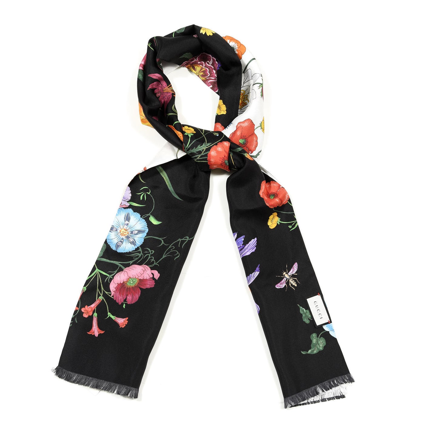 Silk Flora Fringe Scarf White Black