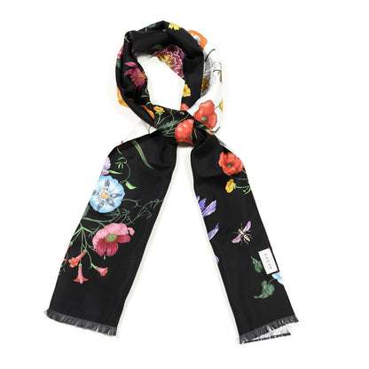 Gucci Silk Flora Fringe Scarf White Black 1 of 5