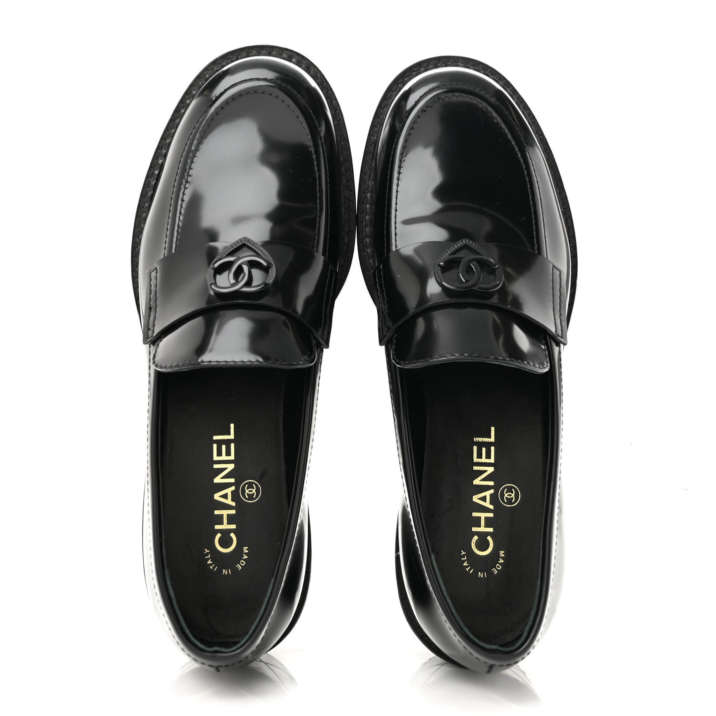 Shiny Calfskin Quilted CC Mocassin Loafers 39 Black