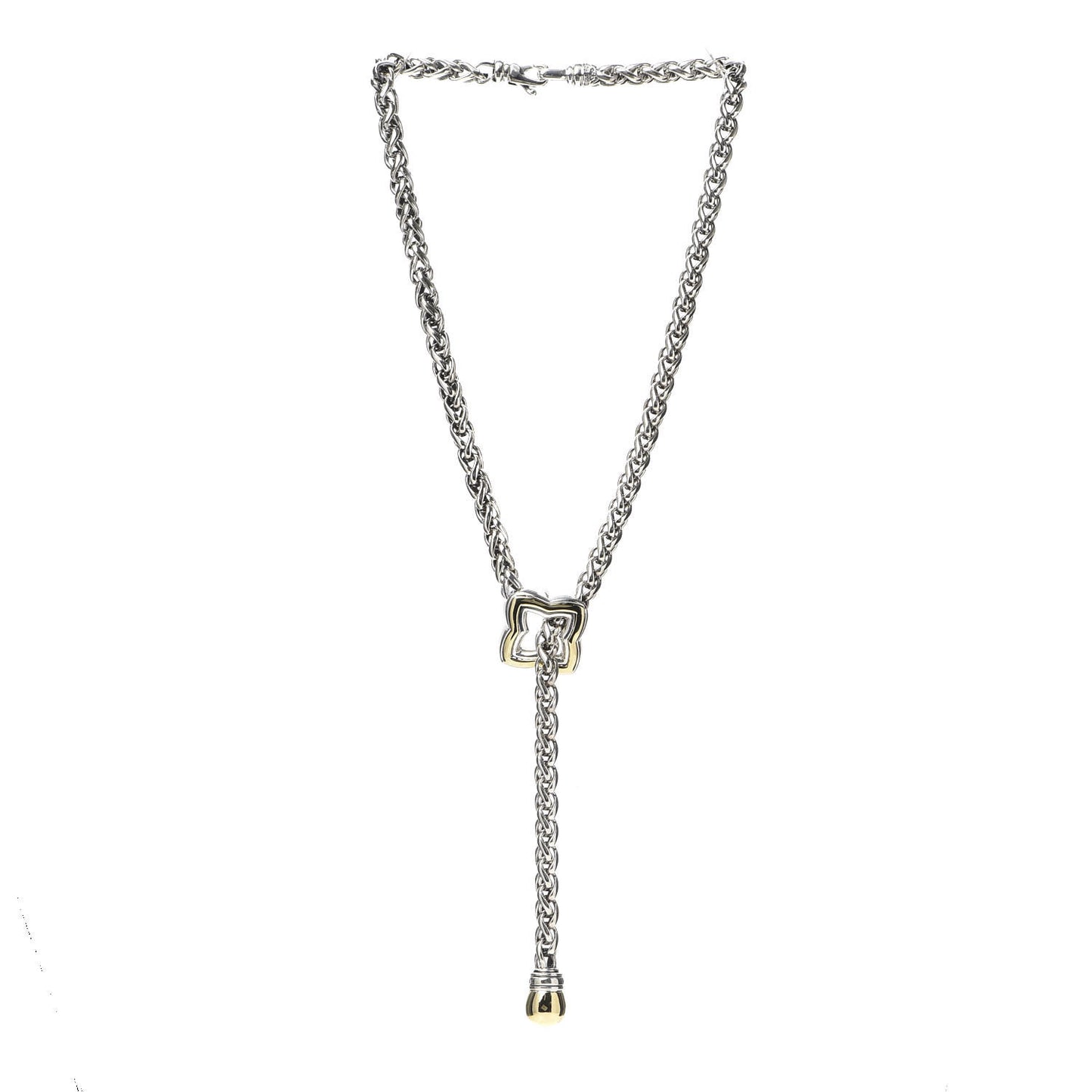 Sterling Silver 18K Yellow Gold Quatrefoil Lariat Wheat Chain Necklace