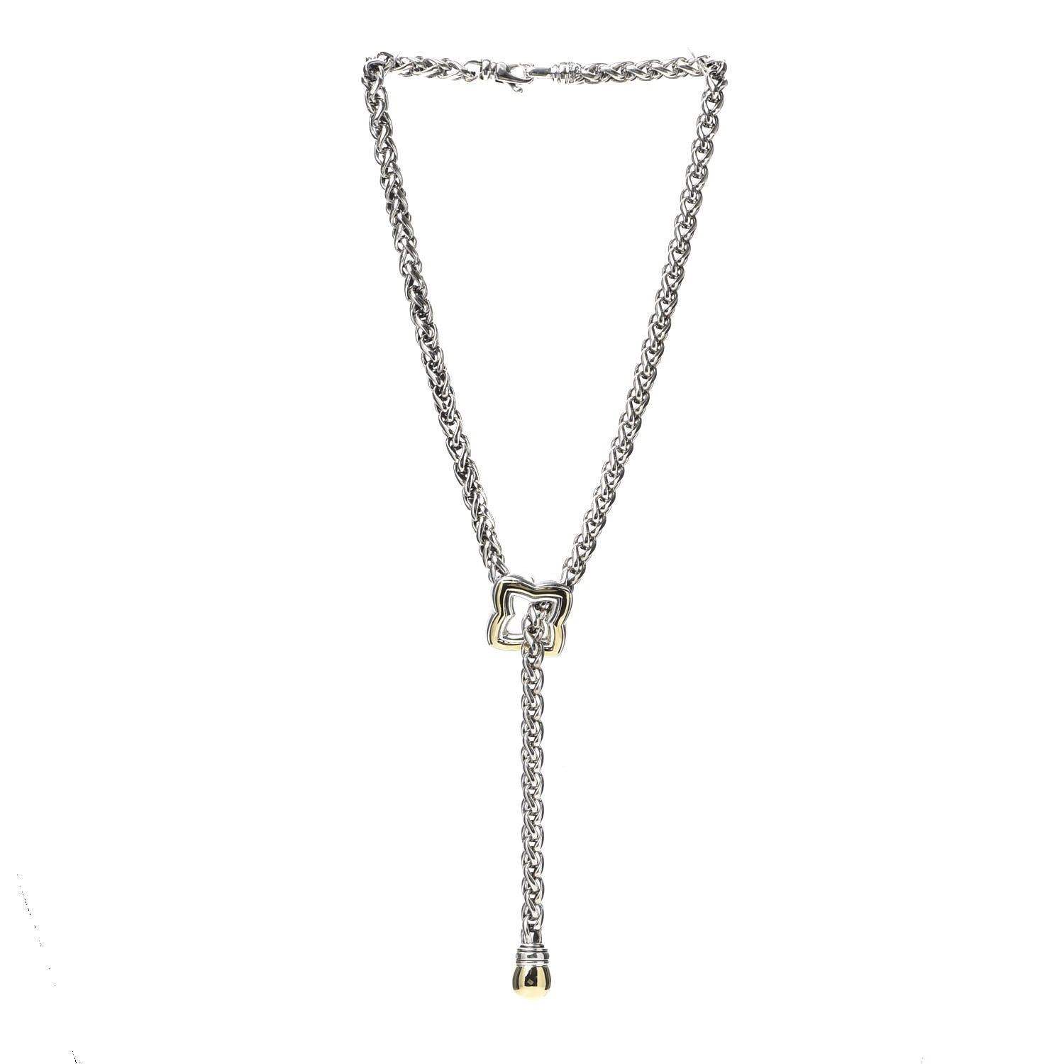 David Yurman Sterling Silver 18K Yellow Gold Quatrefoil Lariat Wheat Chain Necklace 3 of 6