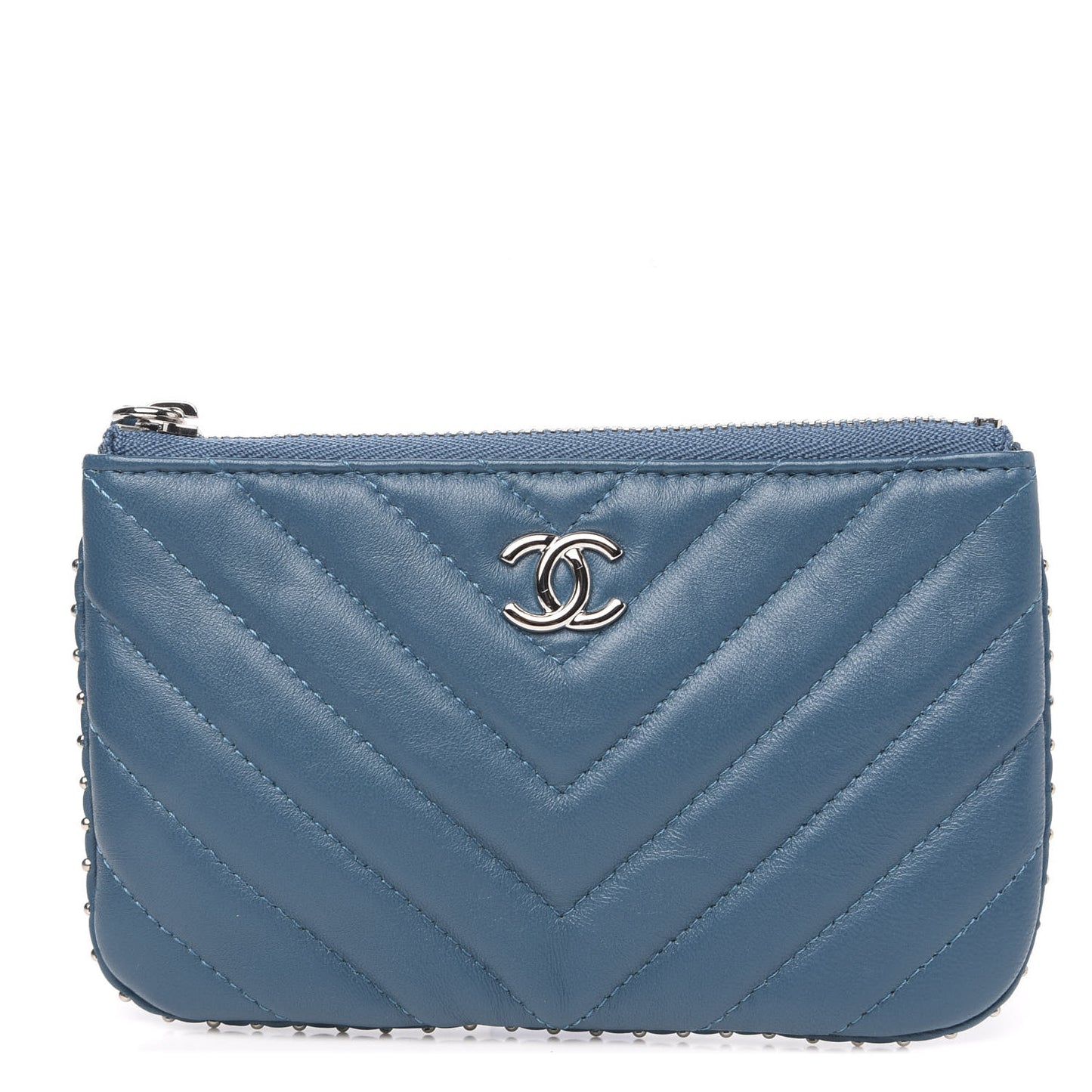 Lambskin Chevron Quilted Studded Small Cosmetic Case Blue