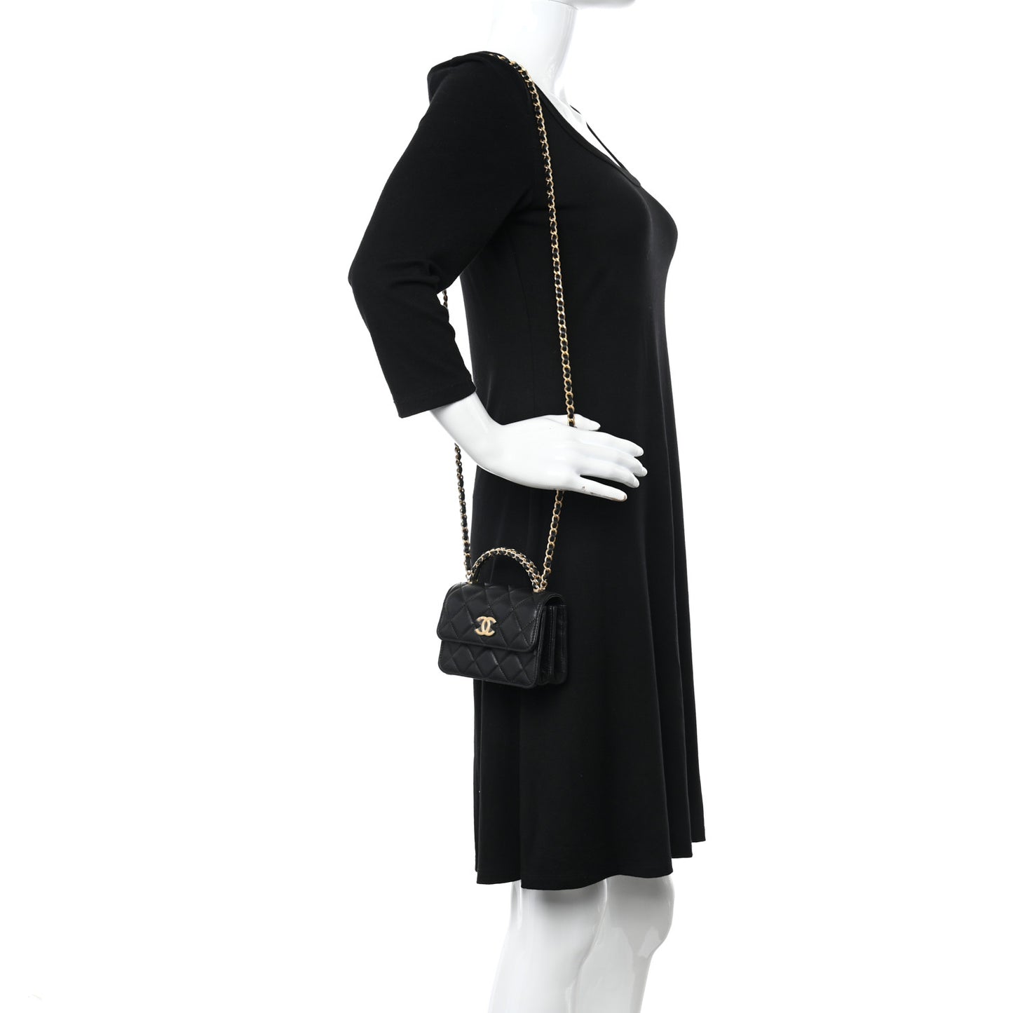 Lambskin Quilted Chain Top Handle Clutch With Chain Black