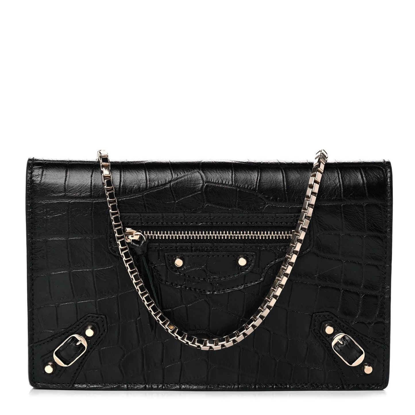 Calfskin Crocodile Embossed Classic Silver Hardware Wallet on Chain Black