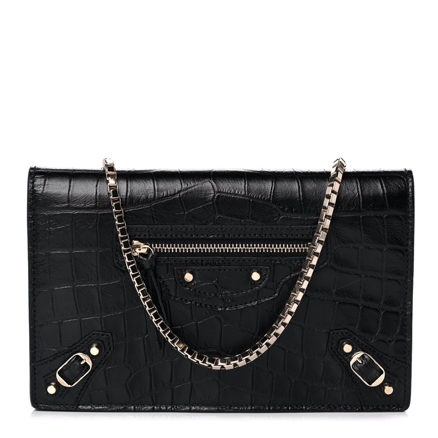 Balenciaga Calfskin Crocodile Embossed Classic Silver Hardware Wallet on Chain Black 1 of 9