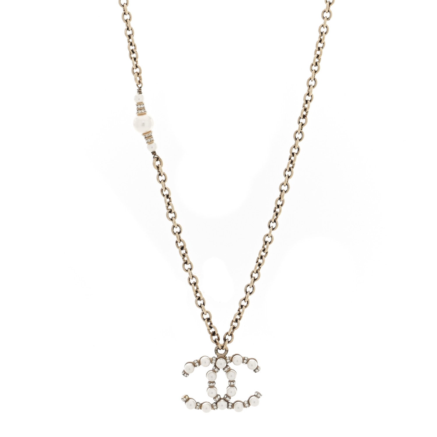Chanel Crystal Pearl Nefertiti CC Pendant Necklace Gold 1 of 5