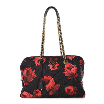 Prada Tessuto Nylon Quilted Rose Chain Shoulder Bag Black Rosso 1 of 8