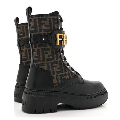 Fendi Vitello Fabric Jacquard FF Fendigraphy 50mm Biker Boots 38 Black Tobacco 5 of 10