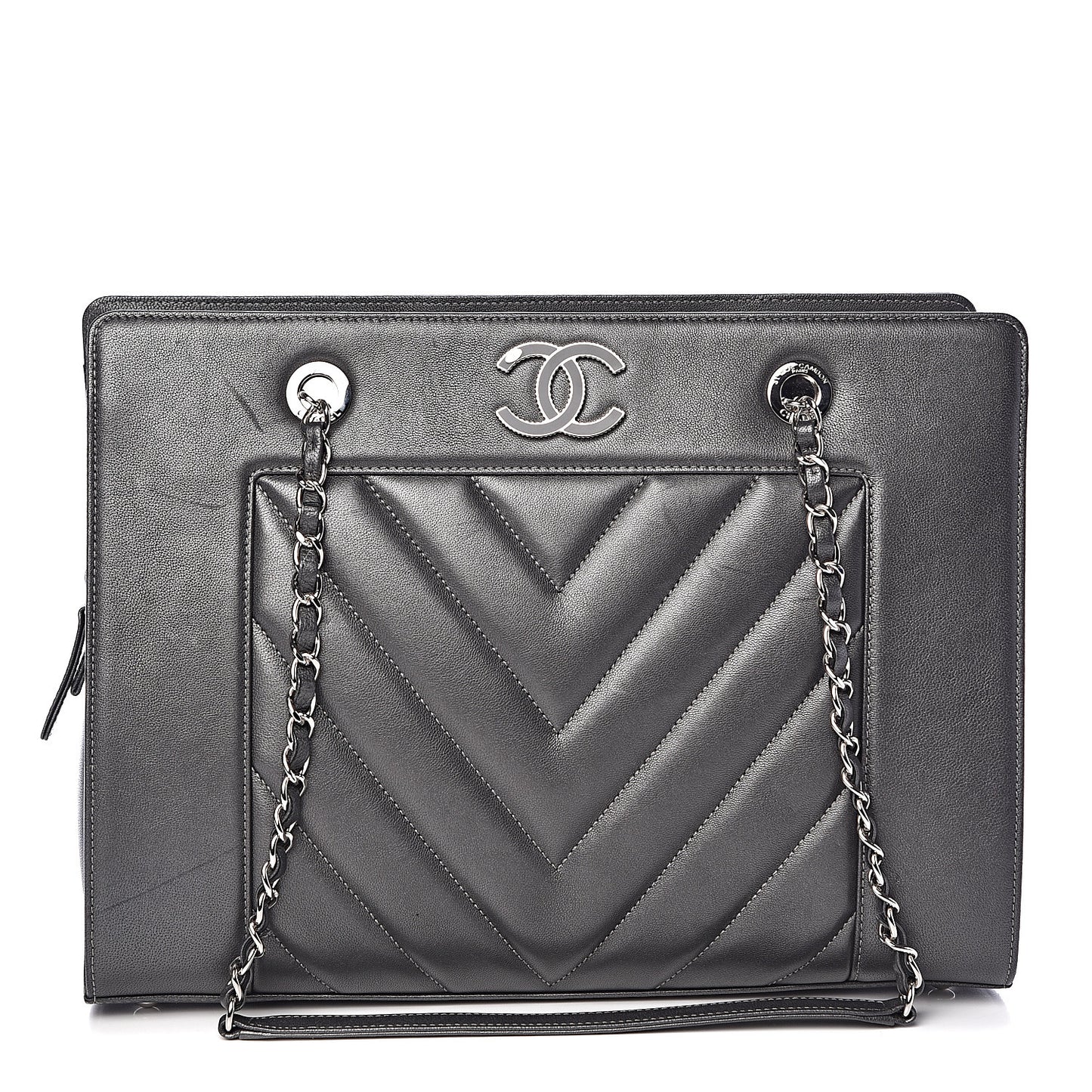 Sheepskin Chevron Quilted Mademoiselle Vintage Shopping Tote Dark Grey