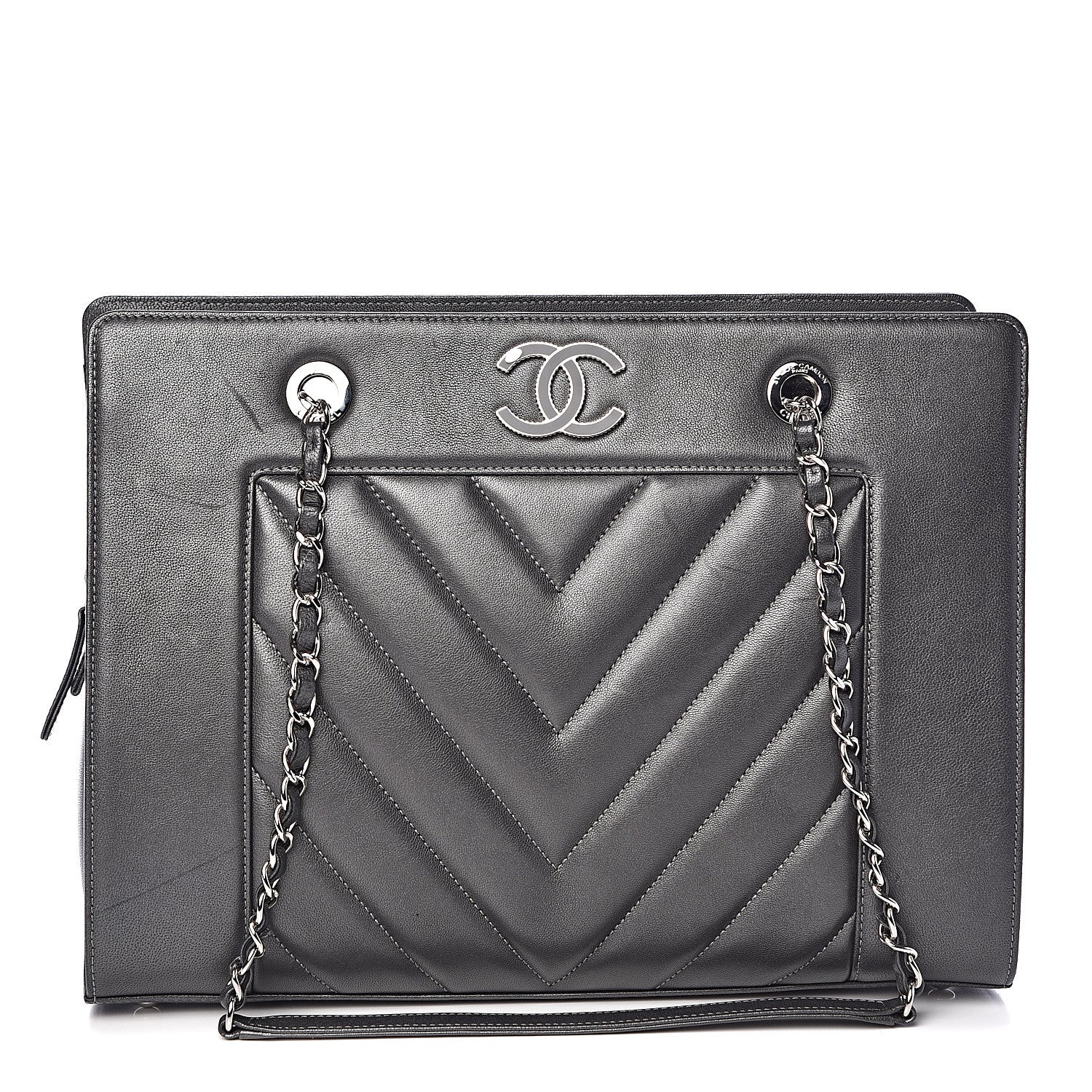 Chanel Sheepskin Chevron Quilted Mademoiselle Vintage Shopping Tote Dark Grey 1 of 11