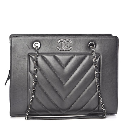 Chanel Sheepskin Chevron Quilted Mademoiselle Vintage Shopping Tote Dark Grey 1 of 11