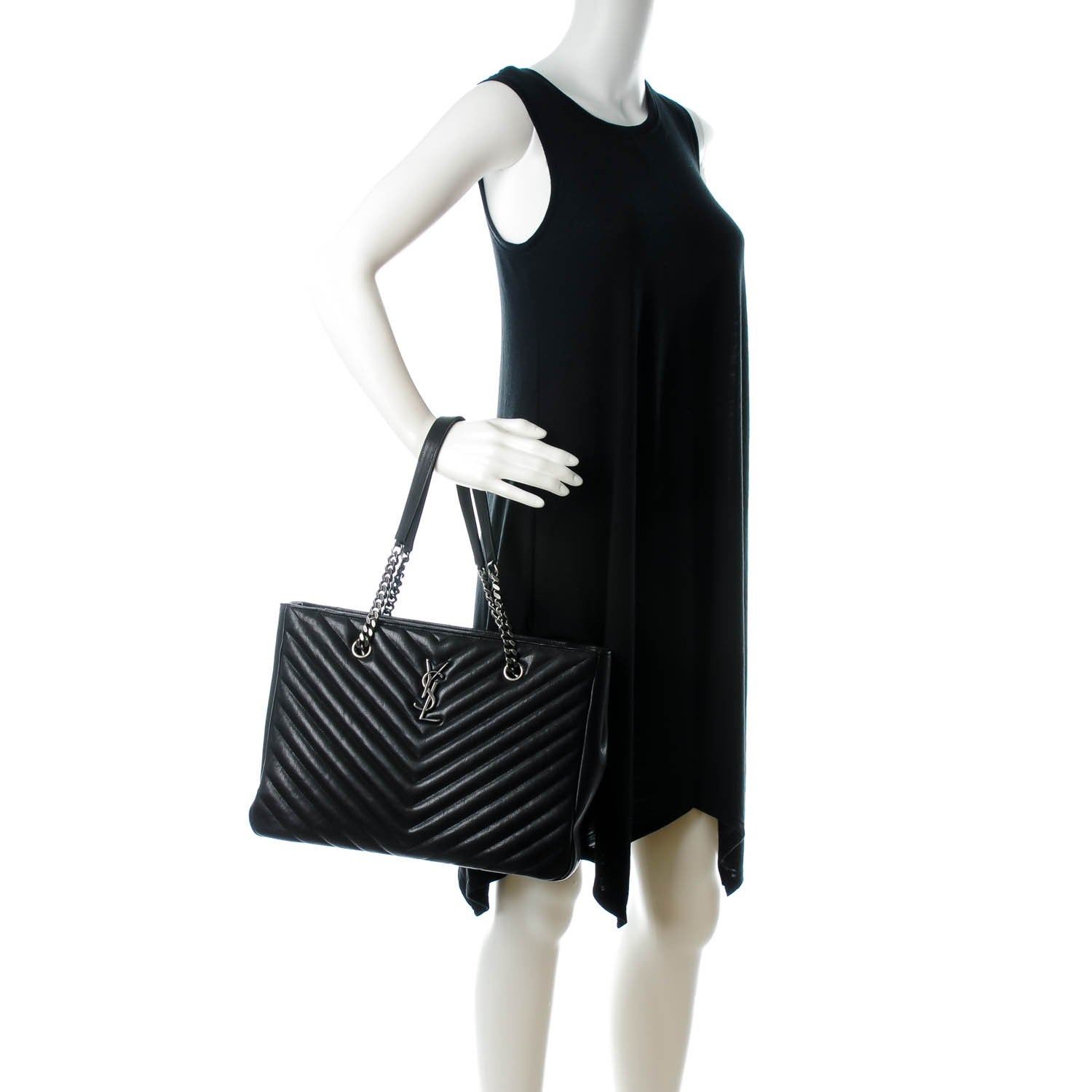 Saint Laurent Sheepskin Matelasse Chevron Large Monogram Shopping Bag Black 2 of 7