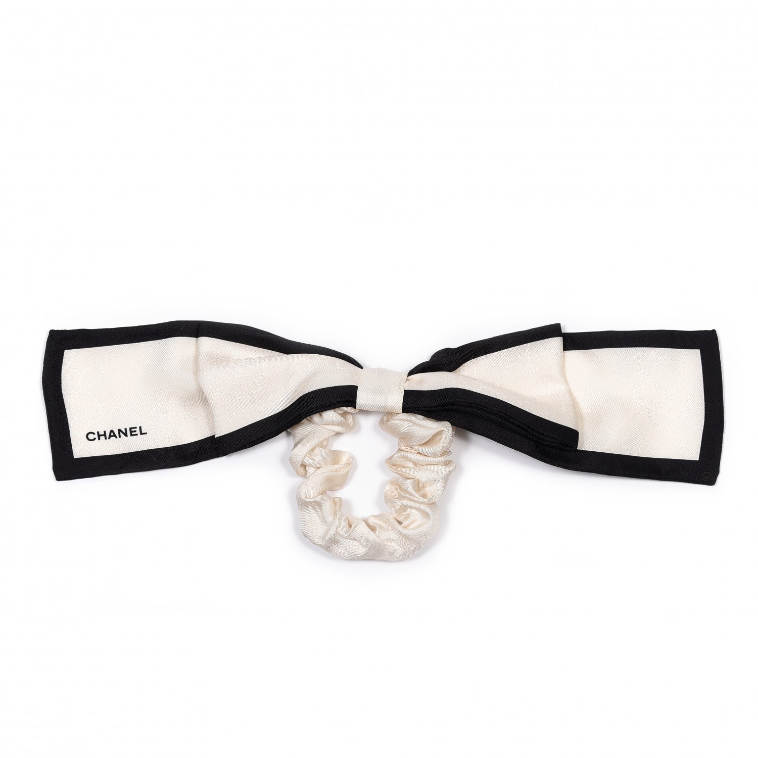 Chanel Silk Twill Hair Tie Ivory Black 1 of 4