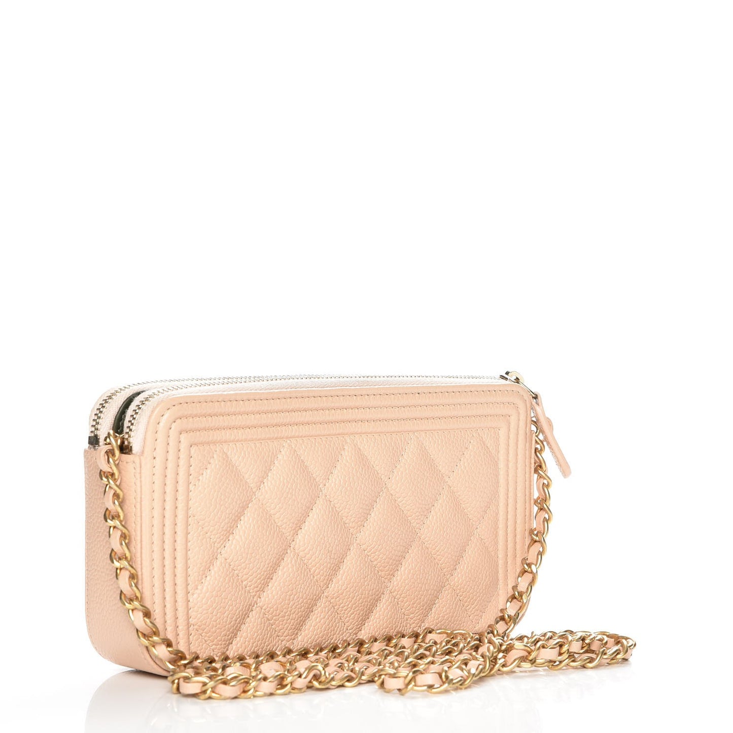 Caviar Quilted Small Boy Clutch With Chain Beige