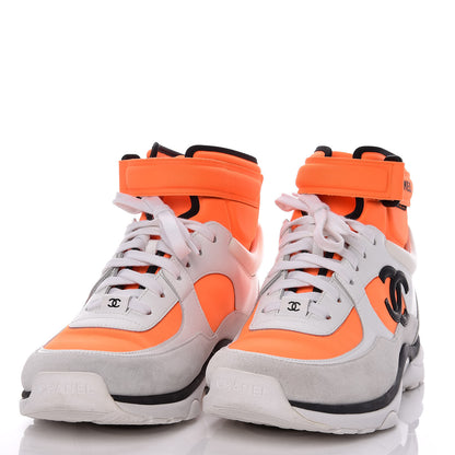 Chanel Suede Calfskin Lambskin Neoprene High Top CC Sneakers White Fluo Orange 3 of 10
