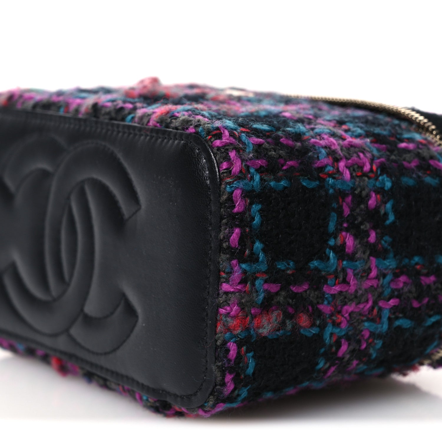 Chanel Tweed Quilted Small Vanity Case With Chain Black Purple Green Red 9 of 12