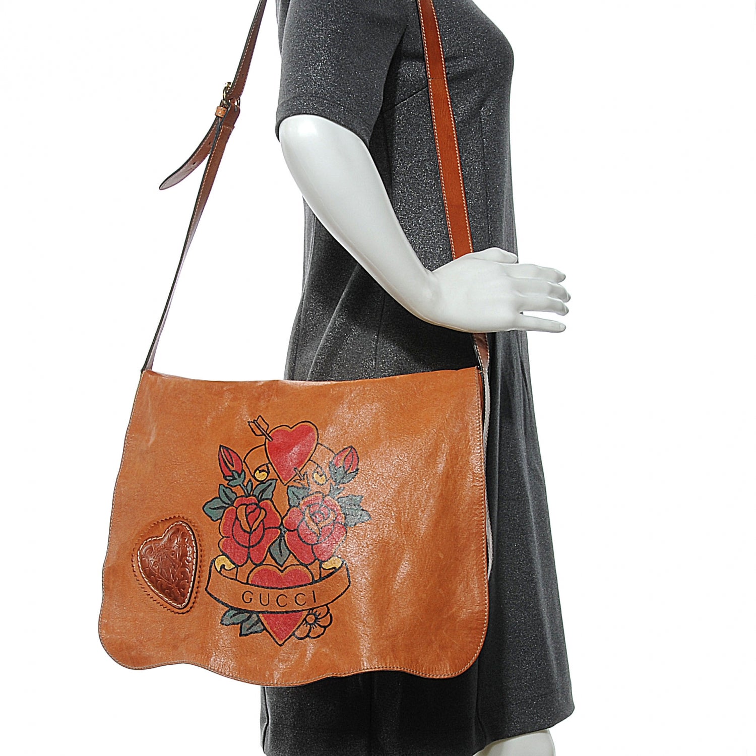 Gucci Calfskin Tattoo Heart Tribeca Messenger Bag Tan 2 of 9