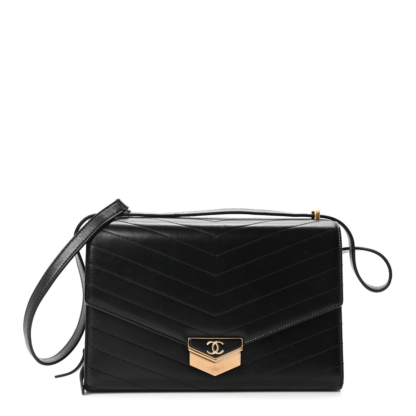 Calfskin Chevron Quilted Medal Flap Black