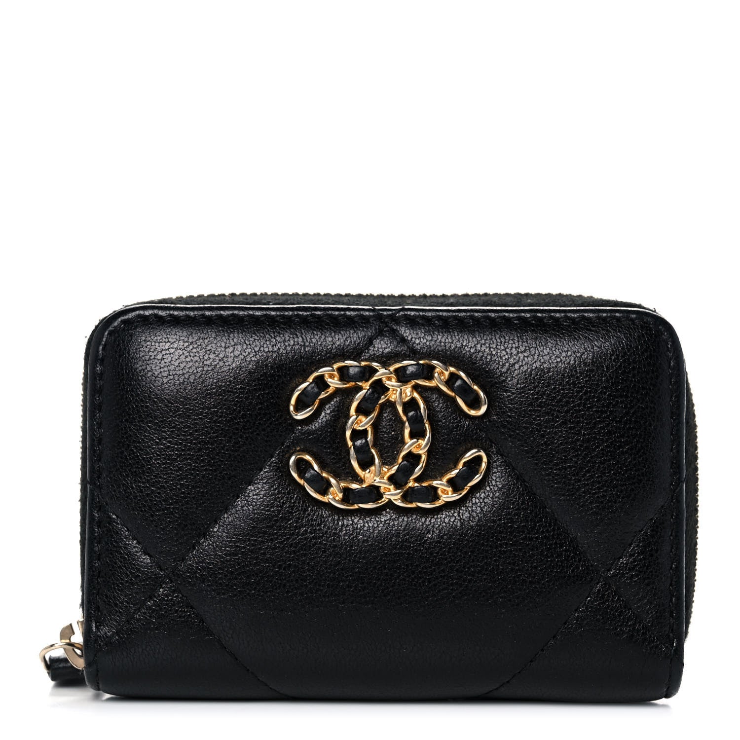 Chanel Shiny Goatskin Quilted Chanel 19 Zip Around Coin Purse Wallet Black 1 of 13