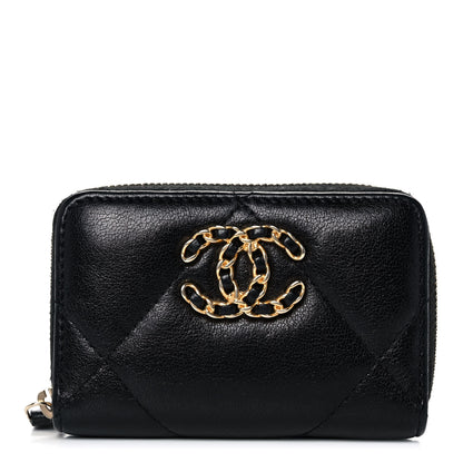 Chanel Shiny Goatskin Quilted Chanel 19 Zip Around Coin Purse Wallet Black 1 of 13