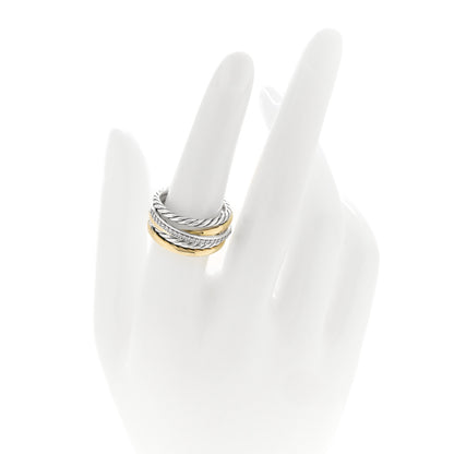 David Yurman Sterling Silver 18K Yellow Gold Diamond 11mm Wide Crossover Cable Ring 54 7 2 of 4