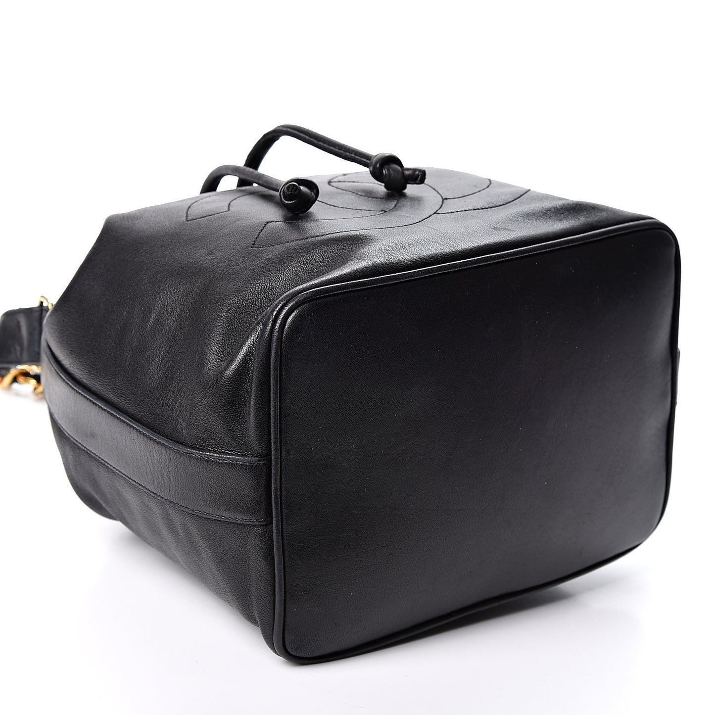 Lambskin CC Stitched Drawstring Bucket Bag Black