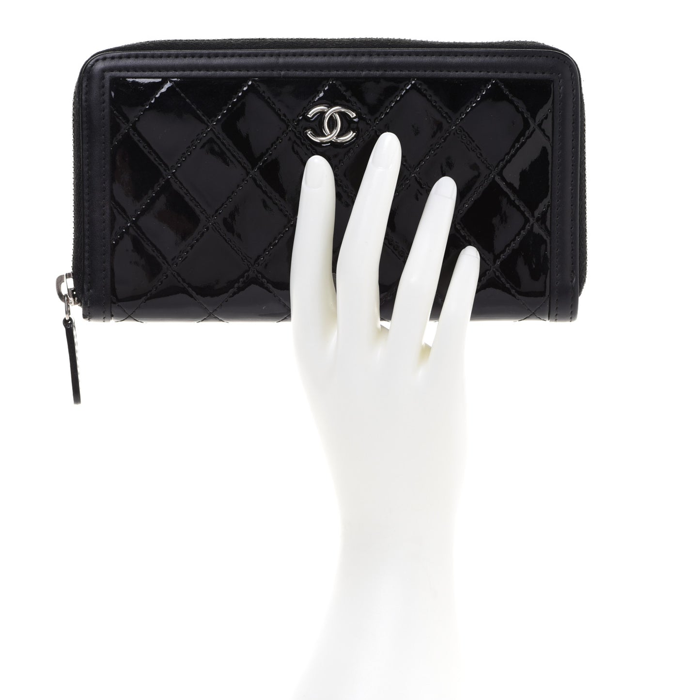 Patent Lambskin Quilted Zip Around Wallet Black